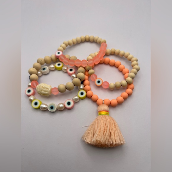 Pink & Beige Bohemian Stacked Bead Bracelet Set - Hippie Chic Bracelets - Picture 7 of 10